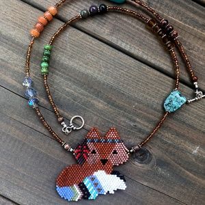 Peyote Stitch Fox Necklace with Turquoise Nuggets